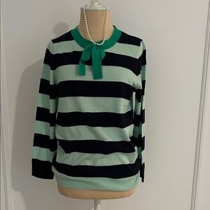 CUTE!! J.Crew Mint & Navy Striped Tippi Sweater w/ Kelly Green Bow, M, Pristine